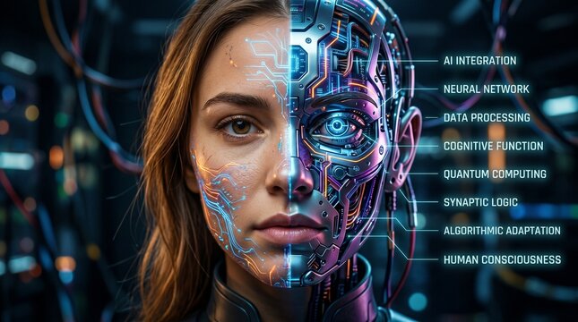 Futuristic female face with AI integration and neural network circuitry. Conceptual portrait of human consciousness, algorithmic adaptation, quantum computing, and cybernetic transhumanism