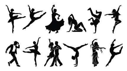 Collection of black silhouettes of dancers in various styles including ballet, contemporary, breakdance, flamenco, ballroom, and belly dance people dancing in different poses vector illustration © PixelAura_Studio