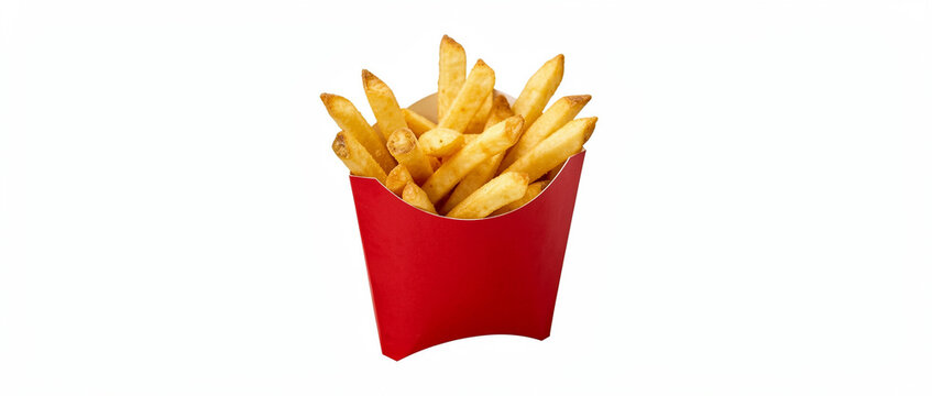 Close-up image of delicious crispy french fries in a red paper container.