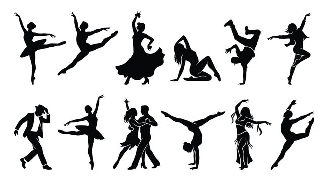 Collection of black silhouettes of dancers in various styles including ballet, contemporary, breakdance, flamenco, ballroom, and belly dance people dancing in different poses vector illustration