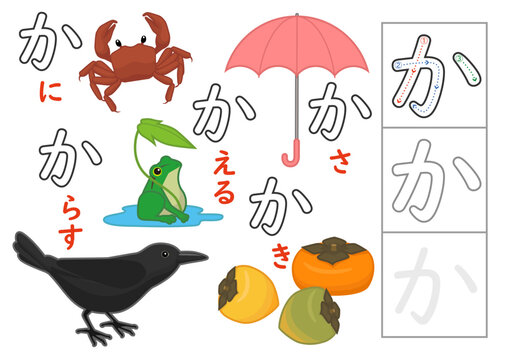 ひらがな練習シート「か」｜子ども向け日本語学習プリント・イラスト付き（かに・かえる・かさ・からす・かき）