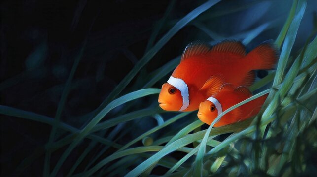 Vibrant orange clownfish swim peacefully in a lush underwater scene. Their bright colors pop against the deep blue background. This image captures ocean life beautifully. AI