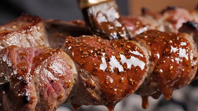 Closeup of juicy meat skewers being brushed with glaze.
