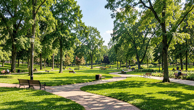 A serene park scene with lush trees and a paved path. People are enjoying the tranquil surroundings.