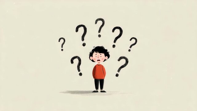 little boy stands amidst question marks illustrated animation