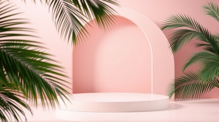 Fototapeta premium Minimalist stage design. Pink backdrop, white pedestal, lush tropical foliage framing archway. Soft lighting creates serene ambiance.