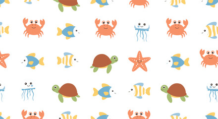  Cute Cartoon Sea Animals Seamless Pattern with Crab, Fish, Turtle, Jellyfish, and Starfish for Kids Textile and Surface Designs Cute Cartoon Sea Animals Seamless Pattern with Crab, Fish, Turtle, © MdMonirul