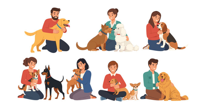 A group of eight people, including men and women of diverse backgrounds, are pictured cuddling and playing with different dog breeds.