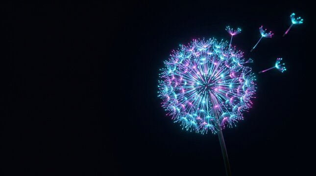 Macro photography of a glowing fiber optic dandelion clock with seeds blowing in the wind