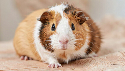 Fototapeta premium A cute hamster with brown fur and white paws sits on a wooden surface looking into the camera.