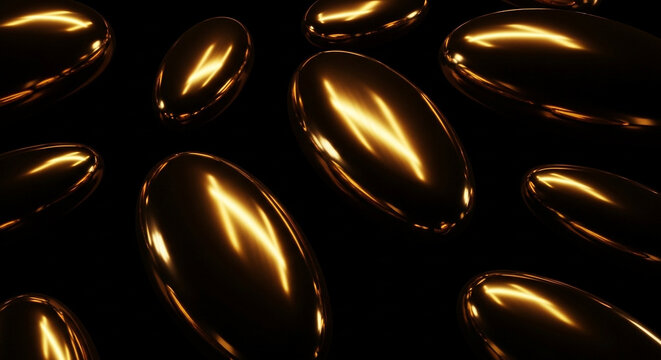 Abstract golden background featuring falling gold fish oil capsules and omega 3 vitamin pills for a healthy pharmaceutical supplement concept