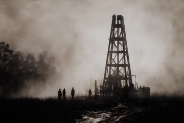 Fototapeta premium Silhouette of oil pump jack working at sunset in oil field industrial energy production and resource extraction concept with orange sky background