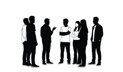 A group of seven people are shown in a dark contrasting outline seemingly engaged in conversation creating a striking silhouette high quality professional detailed © rsvect02