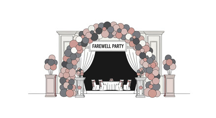 Naklejka premium Elegant Farewell Party Balloon Archway Entrance with Decorated Tables