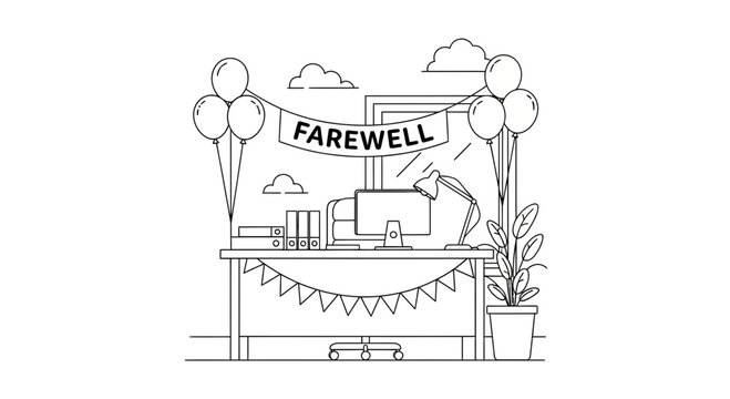 Office Farewell Celebration with Banner and Balloons Decorating a Desk