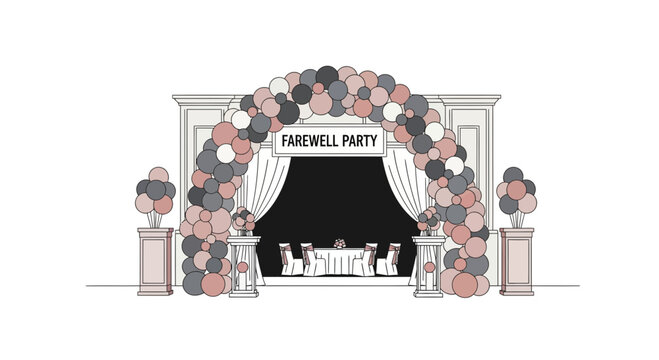 Elegant Farewell Party Balloon Archway Entrance with Decorated Tables