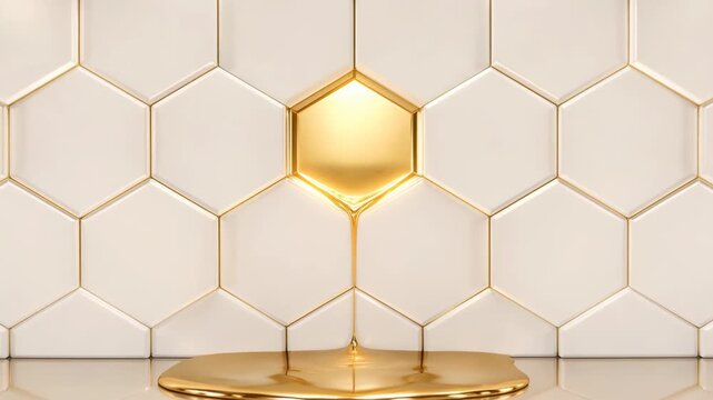 Luxurious gold hexagon honeycomb wall design featuring dripping golden elements, embodying minimalist and premium aesthetic for modern spaces
