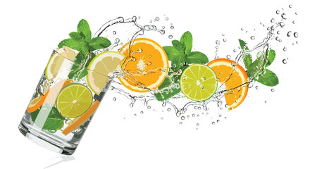 Fresh Citrus Infused Water Splash with Lemon, Orange, Lime, Mint Leaves, and Glass for Summer Drink and Beverage Advertisement DesignsFresh Citrus Infused Water Splash with Lemon, Orange, © MdMonirul