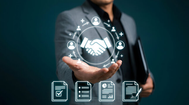 Businessman holding out his hand with a digital animation of a handshake and people icons, symbolizing cooperation.