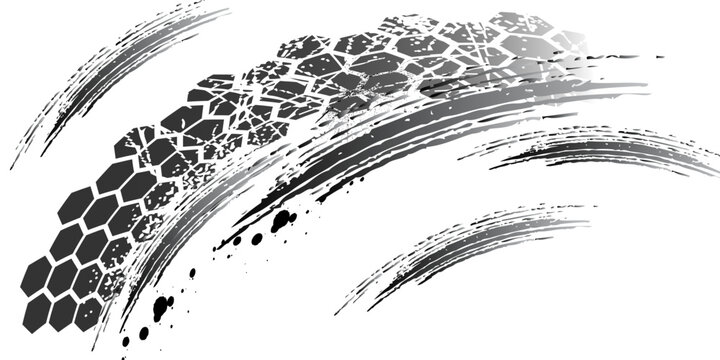 Grunge tire tracks, brake marks. Tire tread, wheel texture, tire marks - auto racing, motocross, drift, rally, off-road. modern design off-road