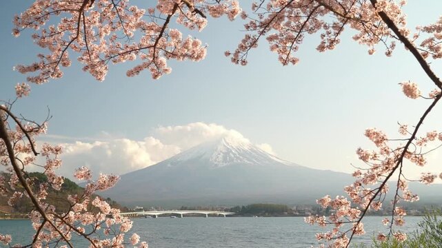 aerial slow motion footage of cherry blossoms framing mount fuji and lake in spring 4k