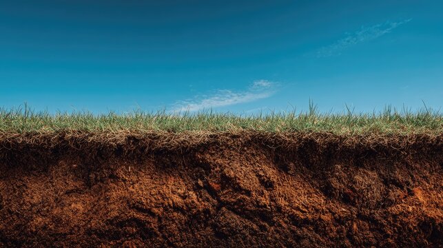 Earth's cross-section soil layers and sky above a grassy surface