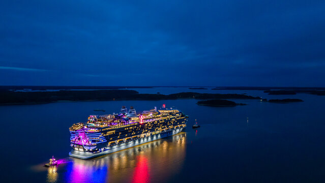 TURKU, FINLAND - APRIL 29. 2026: The new cruise ship Legend of the Seas during sea trials in the Turku Archipelago, escorted by tugboats.