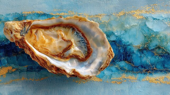 Elegant Oyster Shell on Blue and Gold Textured Background, Seafood Fine Art