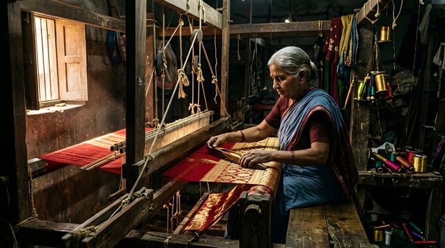 Elderly woman weaving traditional fabric on a handloom in rustic workshop