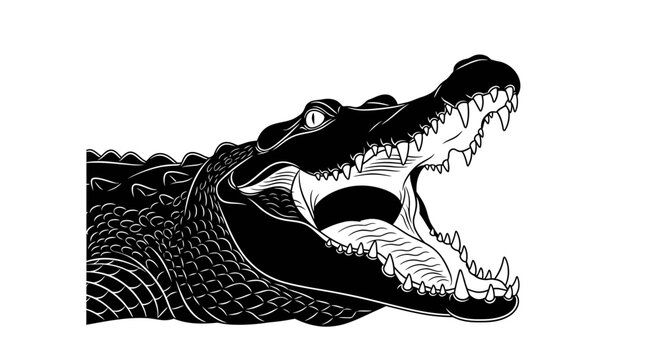 Black and white alligator head with open mouth illustration