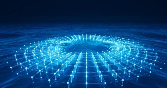 Glowing blue network grid rising from ocean surface with digital nodes and connecting lines creating futuristic data wave, dark blue ocean surface night with gentle waves and soft highlights
