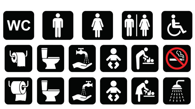 Toilet icon set. WC and Public bathroom symbol. Washroom sign. Vector illustration.