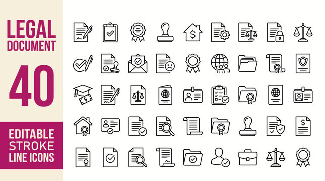 Legal documents icon set. Editable line icons. Vector illustration.