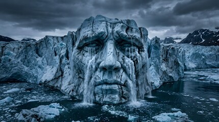 Obraz premium Surreal ice sculpture face in dramatic Arctic landscape