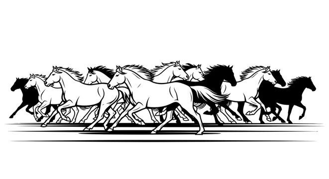 Black and white illustration of a galloping horse herd