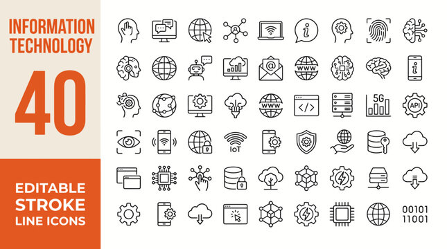 Information technology icon set. Containing IT manager, big data, data analytics, cybersecurity, artificial intelligence and more. Editable line icons. Vector illustration.