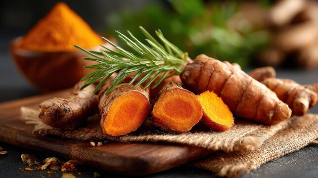 Fresh Turmeric Roots and Powder with Rosemary on Wooden Board