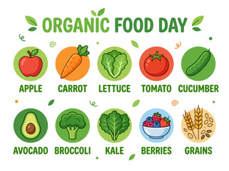 Obraz premium Celebrate Organic Food Day with a vibrant illustration of fresh fruits and vegetables, promoting healthy eating and natural produce