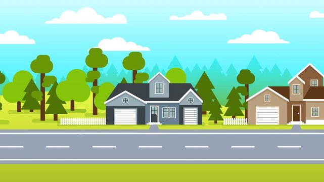 Suburban neighborhood with houses, trees, and road moving horizontally. Clean flat style background ideal for side scrolling scenes. Seamless loop animation