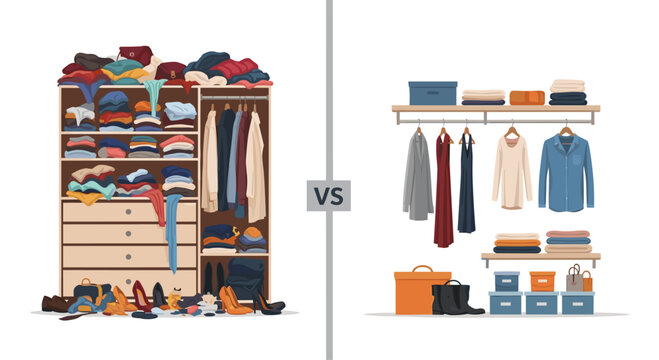 An overflowing closet with garments piled in disarray is placed next to a clean organized storage unit with categorized hanging clothing on a white background.
