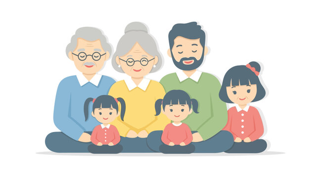 A cheerful three-generation family illustration featuring parents, grandparents, and children sitting together in a flat vector style, conveying a warm and loving mood against a clean white
