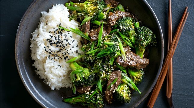 A delicious bowl of beef and broccoli stir-fry with white rice and chopsticks on a dark table