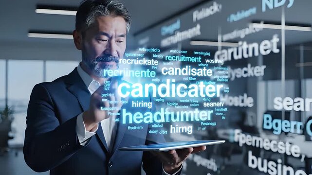 Professional Man Interacting with Digital Word Cloud of Recruitment Terms.