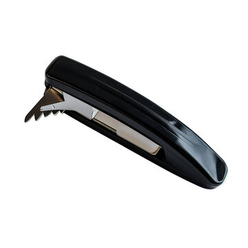 Black pocket knife with silver blade.