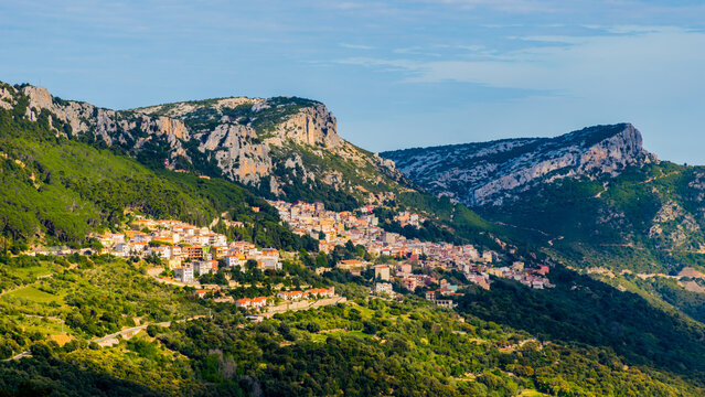Panoramic view of Baunei village on Sardegna island, Italy