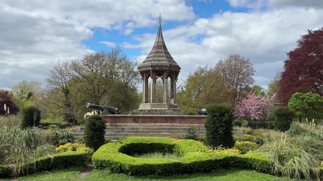 View of the Chinese Bell Tower in Nottingham Arboretum Park on Waverley Street, a historic pavilion and landmark in Nottingham, Nottinghamshire, East Midlands, England.
