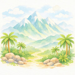Obraz premium Whimsical Watercolor Landscape with Mountains and Palm Trees in Dinosaur Era