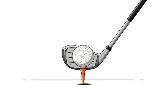 Vector illustration of a white golf ball placed on an orange tee with a silver golf club iron positioned behind the ball in a tee-off stance, isolated on a white background.
