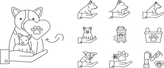 Cat icons, cute feline illustrations, line art set, 10 animal graphics © Shirina