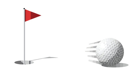 Obraz premium Minimalist vector illustration of a white dimpled golf ball in motion rolling towards a golf hole with a red flagstick, showing speed lines on a solid white background.